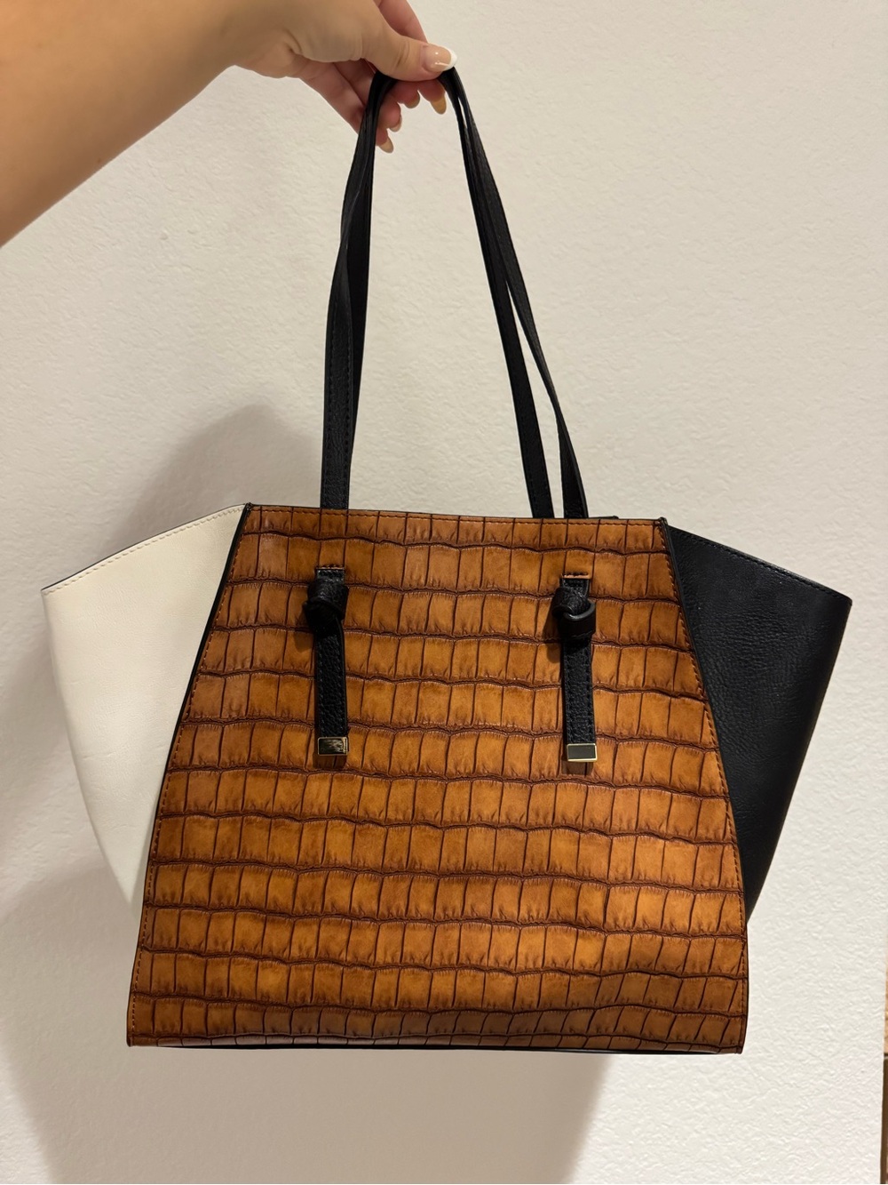 Brown Faux Croc-Texture Tote with Black & White Panels